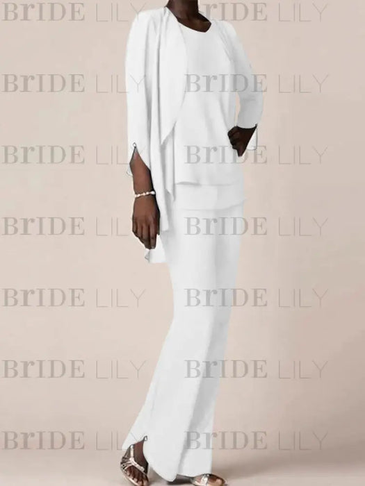 White waterfall jacket chiffon mother of the bride pantsuit three piece