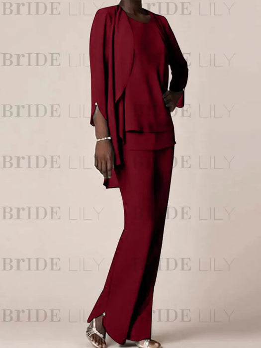 Wine Red waterfall jacket chiffon mother of the bride pantsuit three piece