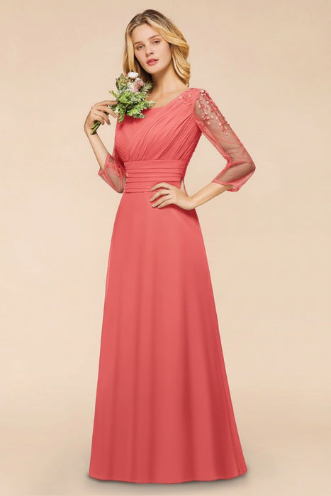 Long Sleeves Aline Bridesmaid Dress Ruffle Chiffon Beadings Wedding Guest Dress