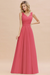 Watermelon Modest Floral Lace A-line Bridesmaid Dress V-Neck Floor Length Chiffon Wedding Guest Dress 