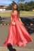 Watermelon Spaghetti Straps Deep V Neck Sleeveless A Line Prom Dress Satin with Ruffles