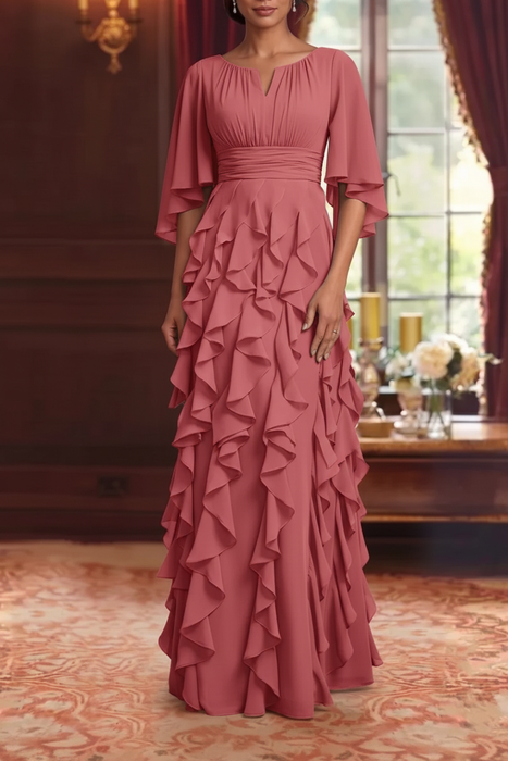 Watermelon Chiffon Mother of the Bride Dress Flutter Sleeves with Cascading Ruffles