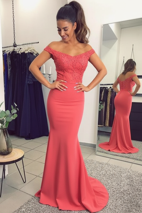 Watermelon Elegant Off-the-Shoulder Mermaid Lace Beadings Long Evening Dress - Prom Dresses