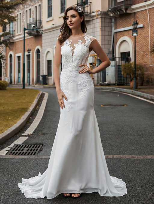 Wedding Bridal Gowns Jewel Neck Sleeveless Natural Waist Buttons Court Train Bridal Gowns