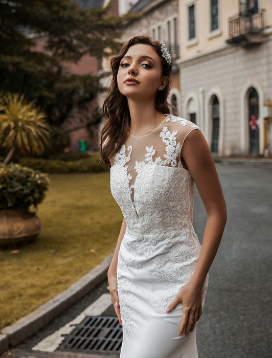 Wedding Bridal Gowns Jewel Neck Sleeveless Natural Waist Buttons Court Train Bridal Gowns