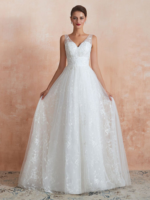 Wedding Dress 2021 A Line V Neck Sleeveless Floor Length Bridal Gowns With Train