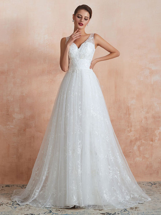 Wedding Dress 2021 A Line V Neck Sleeveless Floor Length Bridal Gowns With Train
