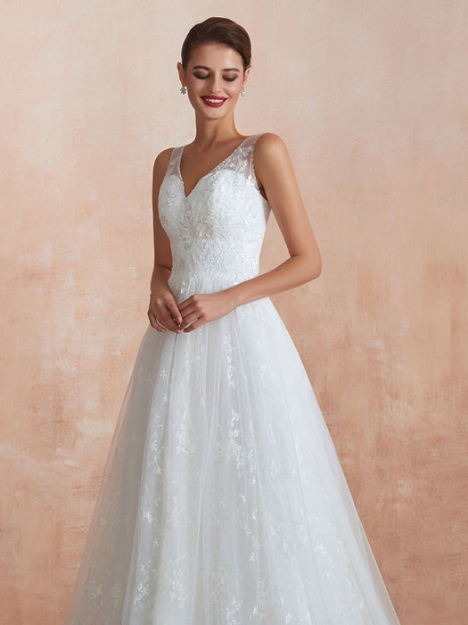 Wedding Dress 2021 A Line V Neck Sleeveless Floor Length Bridal Gowns With Train