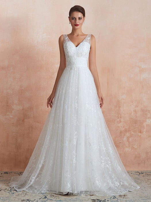 Wedding Dress 2021 A Line V Neck Sleeveless Floor Length Bridal Gowns With Train
