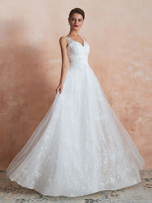 Wedding Dress 2021 A Line V Neck Sleeveless Floor Length Bridal Gowns With Train