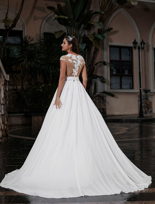Wedding Dress Beach A-line Silhouette Jewel Neck Lace Bodice Chiffon Wedding Gown