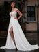 Wedding Dress Beach A-line Silhouette Jewel Neck Lace Bodice Chiffon Wedding Gown