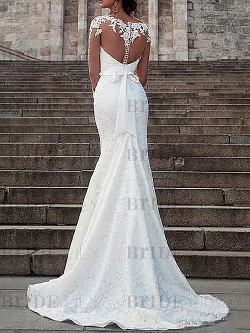 Wedding Dress Lace Illusion Neck Long Sleeves Mermaid Bridal Gowns With Court Train