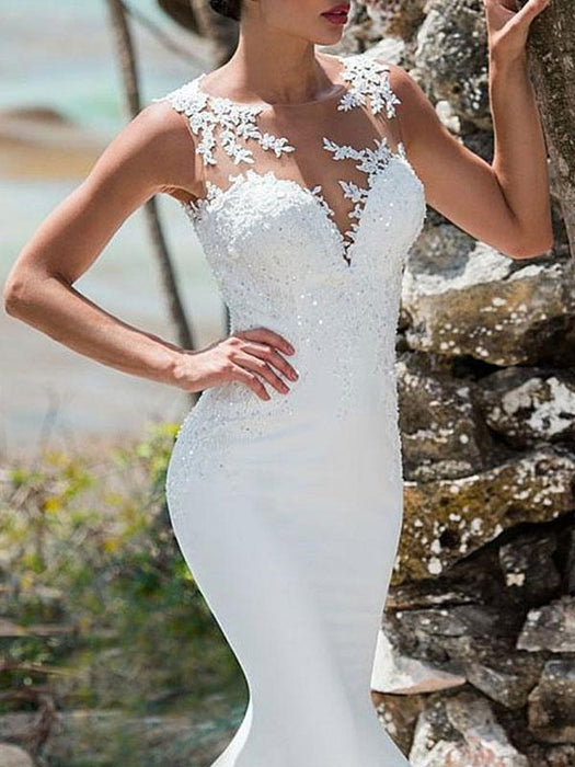 Wedding Dress 2021 Mermaid Lace Jewel Neck Sleeveless Back Hollow Out Bridal Gowns With Train