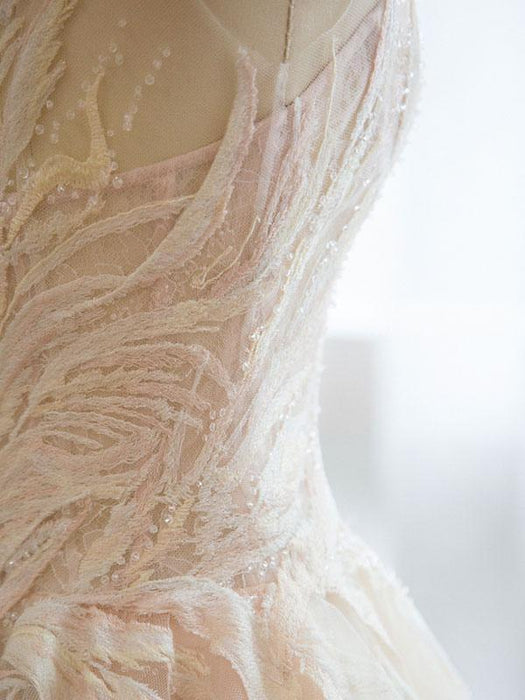 Wedding Dress 2021 Princess Silhouette Floor Length Jewel Neck Sleeveless Natural Waist Lace Tulle Bridal Gowns