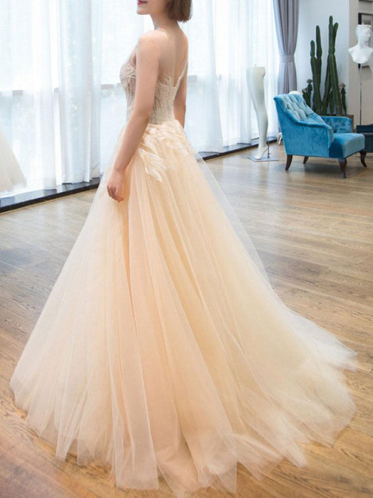 Wedding Dress 2021 Princess Silhouette Floor Length Jewel Neck Sleeveless Natural Waist Lace Tulle Bridal Gowns