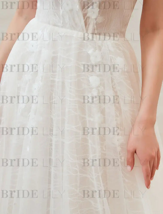 Wedding Dress 2021 V Neck A Line Floor Length Lace Appliqued Tulle Bridal Gowns