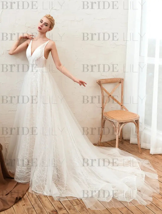 Wedding Dress 2021 V Neck A Line Floor Length Lace Appliqued Tulle Bridal Gowns