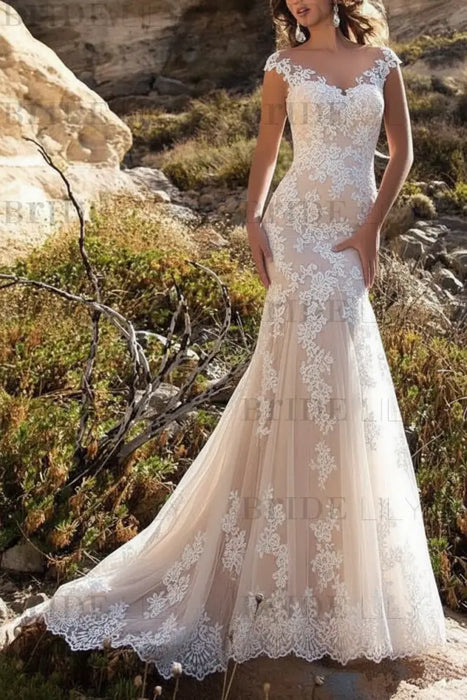 Champagne Wedding Dress V Neck Mermaid sleeveless Lace 