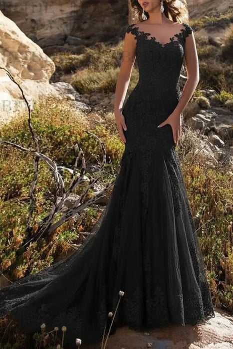 Black Wedding Dress V Neck Mermaid sleeveless Lace 