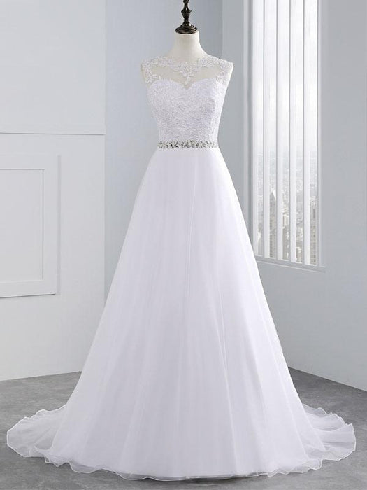 wedding dresses 2021 a line beaded jewel neck sleeveless floor length tulle traditional bridal dress with train