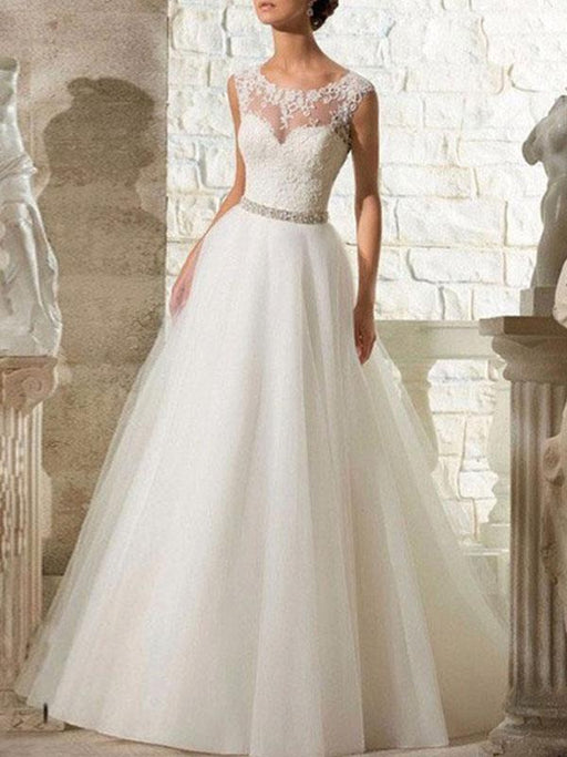 wedding dresses 2021 a line beaded jewel neck sleeveless floor length tulle traditional bridal dress with train