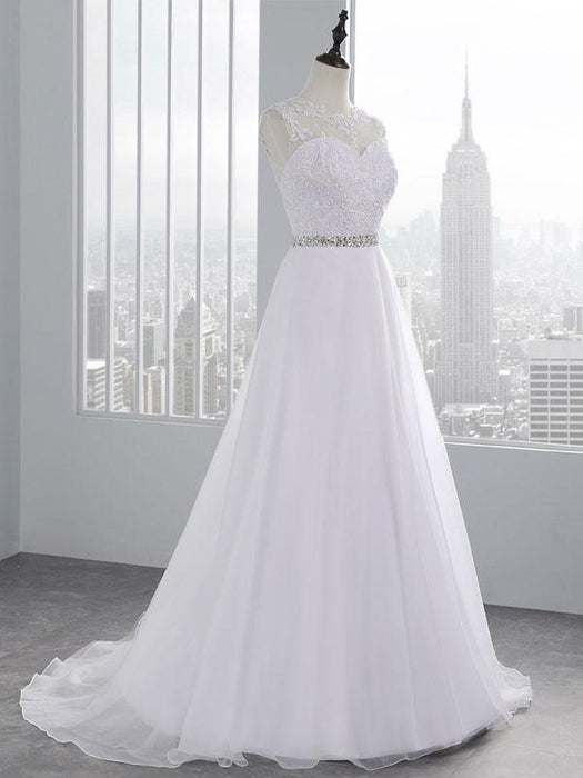 wedding dresses 2021 a line beaded jewel neck sleeveless floor length tulle traditional bridal dress with train