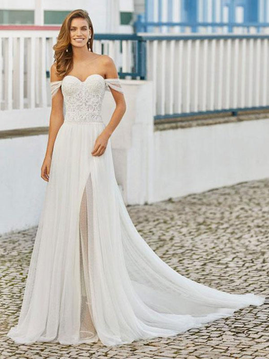 Wedding Dresses With Train A-line Floor-Length Sleeveless Beaded Sweetheart Neck Bridal Gowns