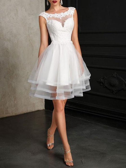 short bridal dresses Short A-Line Tulle Wedding Dress Jewel Neck Lace Bridal Gown