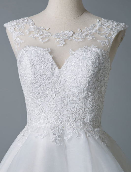 Wedding Dresses 2021 A Line Jewel Neck Sleeveless Natural Waist Tulle Short Bridal Dress