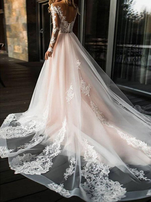 wedding dresses 2021 a line v neck long sleeve lace applique tulle bridal gowns with chapel train