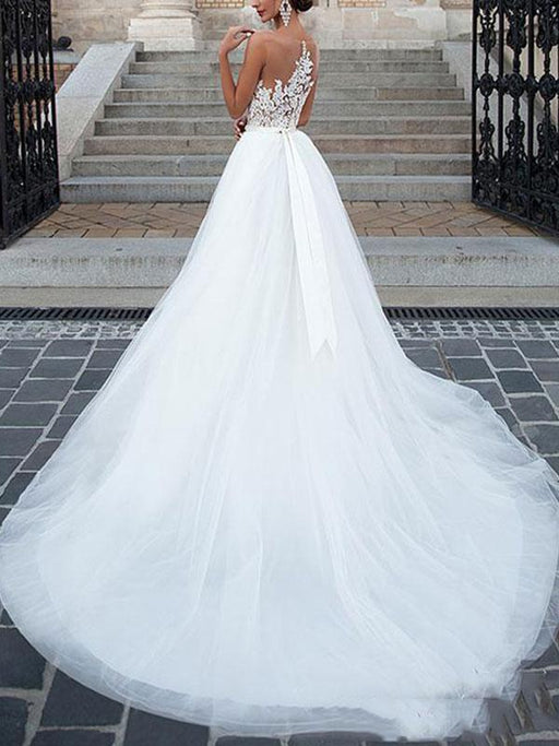 wedding dresses 2021 jewel neck a line floor length beaded sash tulle pageant dress bridal gowns