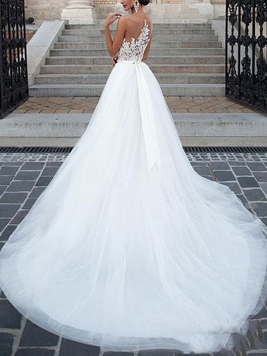 wedding dresses 2021 jewel neck a line floor length beaded sash tulle pageant dress bridal gowns