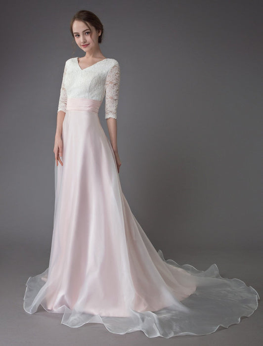 Wedding Dresses Pink V Neck Half Sleeve Pleated A Line Bridal Gown With Train