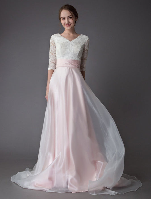 Wedding Dresses Pink V Neck Half Sleeve Pleated A Line Bridal Gown With Train