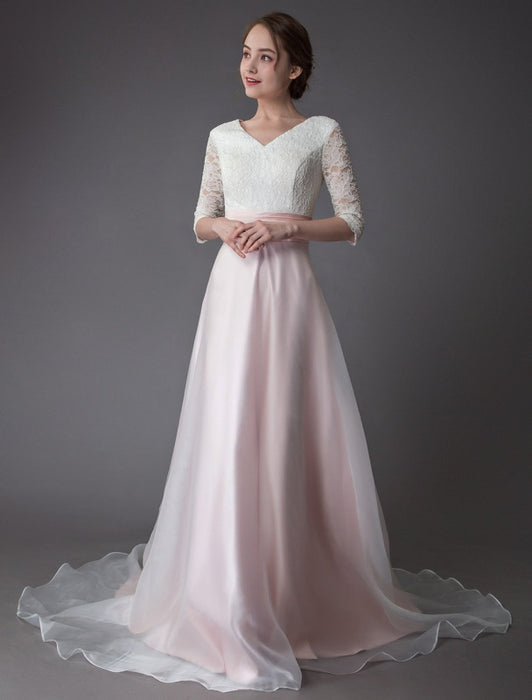Wedding Dresses Pink V Neck Half Sleeve Pleated A Line Bridal Gown With Train