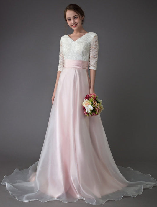 Wedding Dresses Pink V Neck Half Sleeve Pleated A Line Bridal Gown With Train