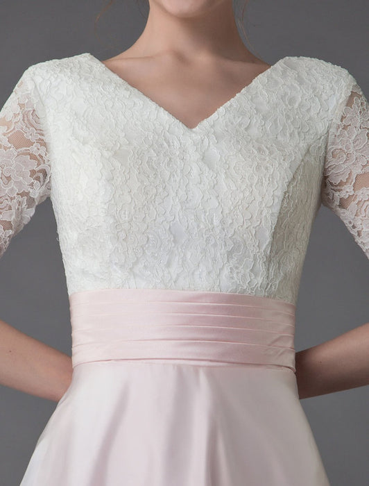 Wedding Dresses Pink V Neck Half Sleeve Pleated A Line Bridal Gown With Train