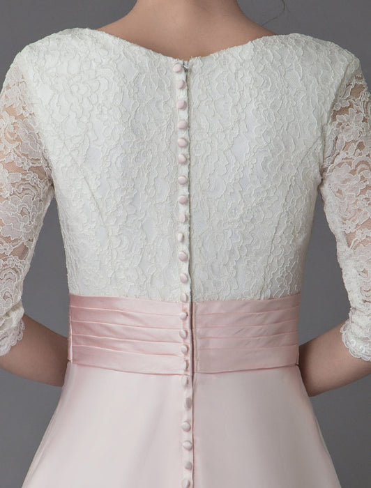 Wedding Dresses Pink V Neck Half Sleeve Pleated A Line Bridal Gown With Train