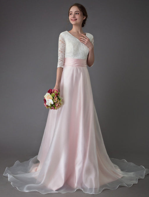 Wedding Dresses Pink V Neck Half Sleeve Pleated A Line Bridal Gown With Train