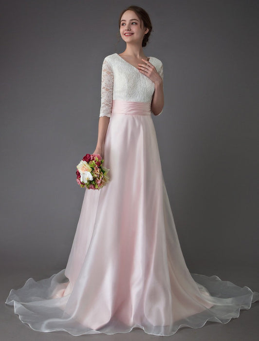 Wedding Dresses Pink V Neck Half Sleeve Pleated A Line Bridal Gown With Train
