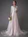 Wedding Dresses Pink V Neck Half Sleeve Pleated A Line Bridal Gown With Train