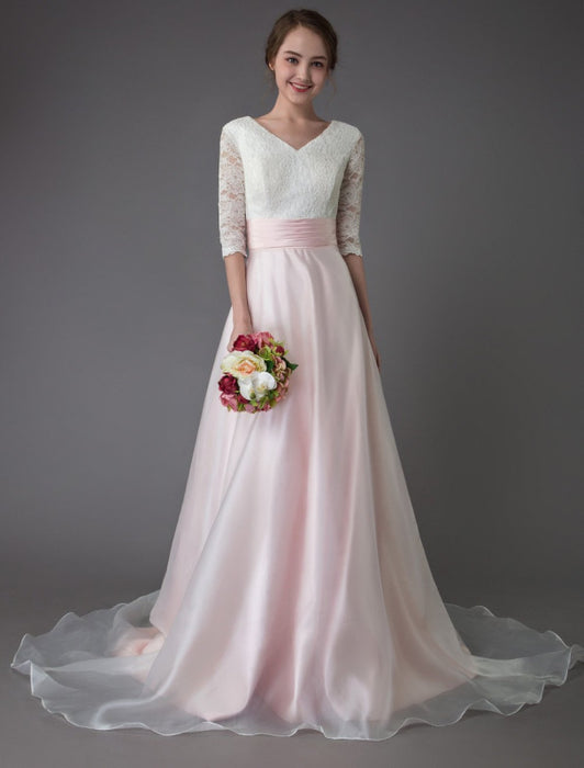 Wedding Dresses Pink V Neck Half Sleeve Pleated A Line Bridal Gown With Train