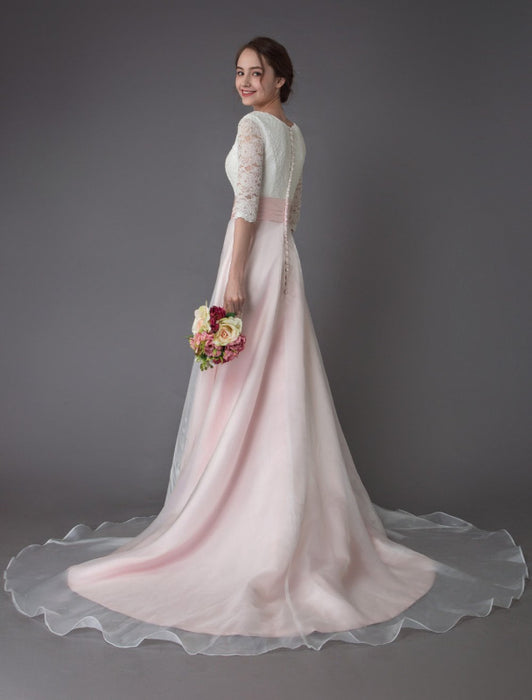 Wedding Dresses Pink V Neck Half Sleeve Pleated A Line Bridal Gown With Train