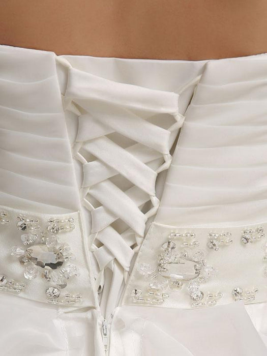 Wedding Dresses Princess Ball Gowns Strapless Sweetheart Neckline Pleated Frills Beaded Sash Tulle Ivory Bridal Dress With Train