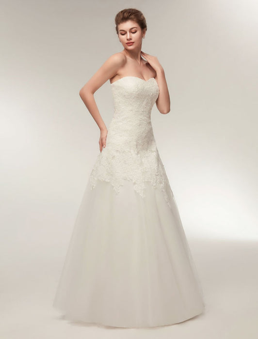 Wedding Dresses Strapless Lace Maxi Bridal Dress Sweetheart Neckline Floor Length Ivory Wedding Gowns
