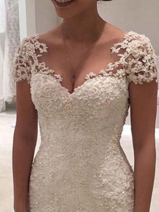 wedding dresses 2021 v neck short sleeve sheath deep v backless lace beaded bridal gowns with train