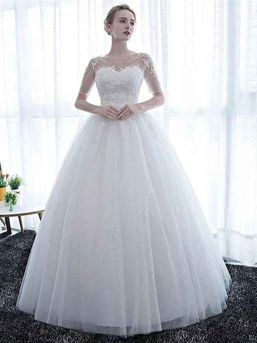 Cheap Wedding Dresses Eric White Off The Shoulder Short Sleeves Soft Tulle Lace Up Floor Length Bride Dresses