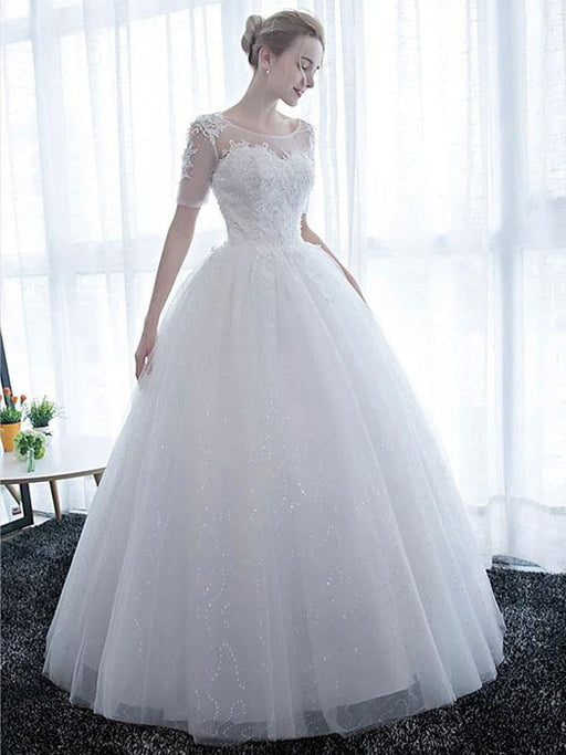 Cheap Wedding Dresses Eric White Off The Shoulder Short Sleeves Soft Tulle Lace Up Floor Length Bride Dresses
