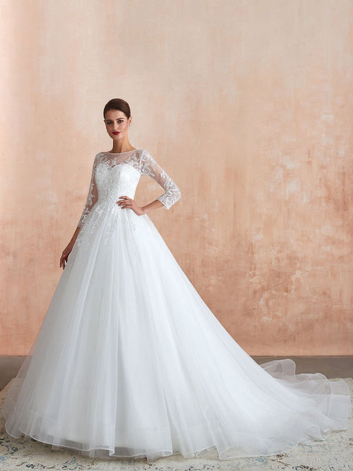 Wedding Gown 2021 3/4 Sleeve Jewel Neck Lace Appliqued Beaded Ball Gown Bridal Wedding Dress With Train